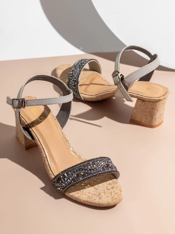 Elegant sandals for women with beaded straps and platform heels for special occasions-Women Pewter Embellished Cork Block Heels With Backstrap