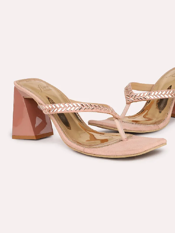 Fashionable sandals for women with metallic straps and bold color combinations-Women Peach Embellished Open Toe Block Heels