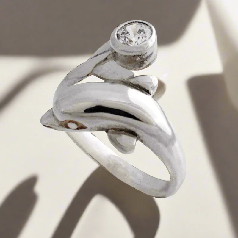 Rings with branch-inspired bands for organic -Minoan Dolphin Head and tail Ring in sterling silver with a zircon (DT-82)