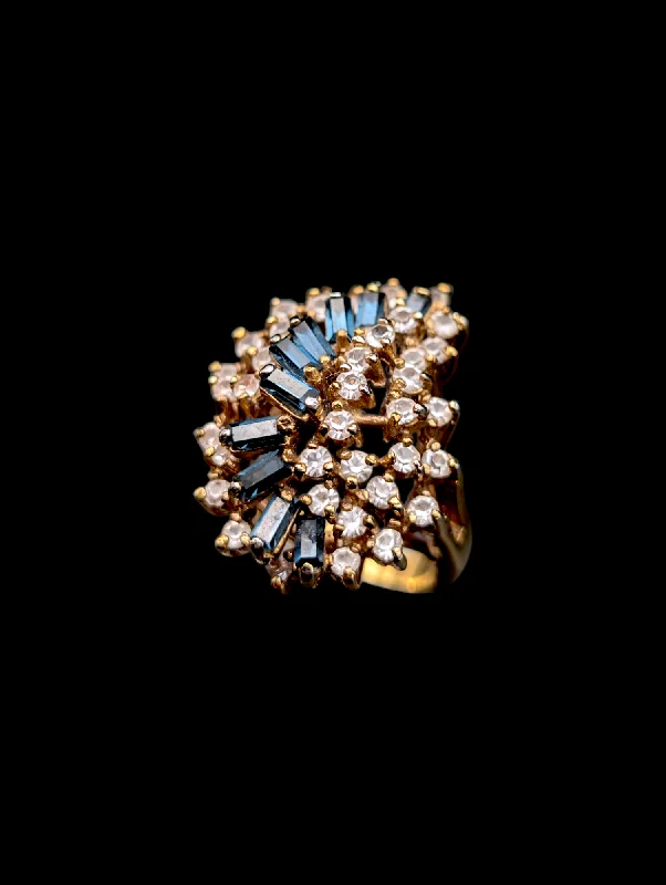 Rings with coral stones for vibrant pop -Vintage Simulated Sapphire and Diamond Cluster 18k Gold HGE Costume Ring