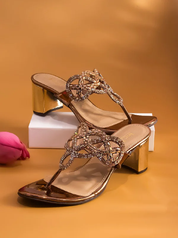 Stylish sandals for women with metallic accents and sleek, minimalist style-Women Antique Embellished Ethnic Block Heels