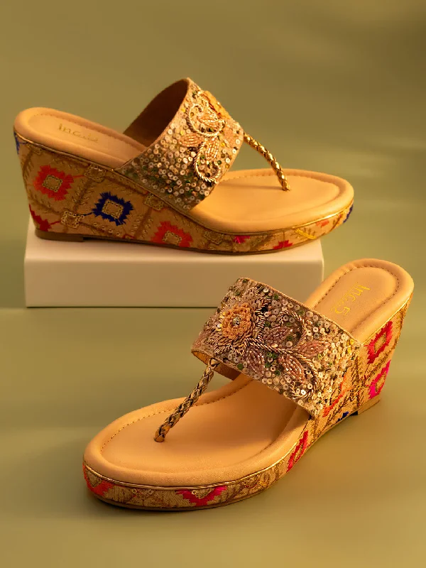 Trendy sandals for men with color-block design and durable soles for casual wear-Women Rose Gold Ethnic Embroidered Wedge Heels