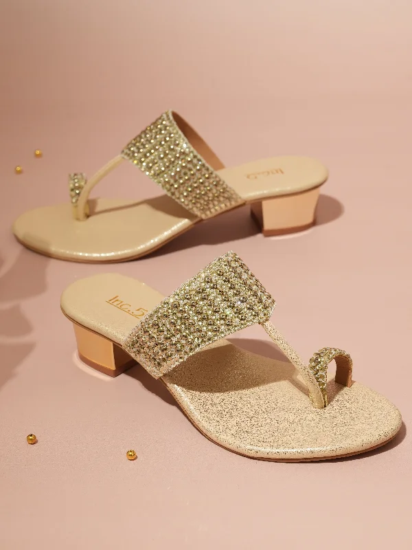 Casual sandals for women with wide straps and flat sole for relaxed fit-Women Beige-Toned Embellished One Toe Block Heels