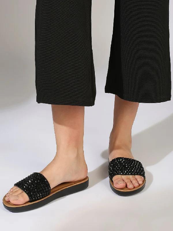 Comfortable sandals for women with contoured footbed and easy-to-adjust straps-Women Black Embellished Open Toe Comfort Heels