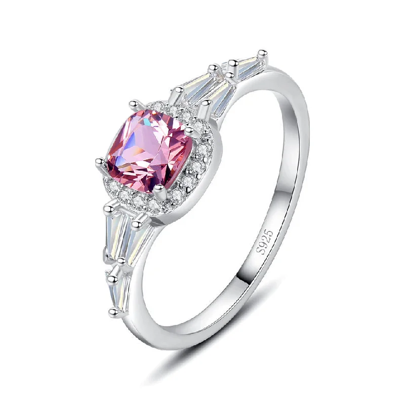 Bold rings with oversized amethyst gemstones -Silver S925 Square Shape Pink Color Gemstone Engagement Women Rings Ladies Finger Ring