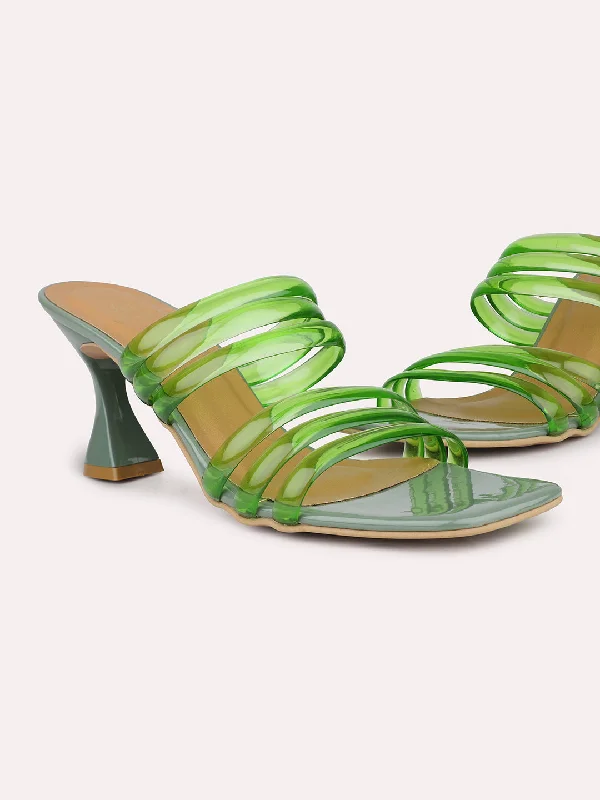 Elegant sandals for women with high heels and lace-up design for formal events-Women Green Transparent Strappy Open Toe Kitten Heels