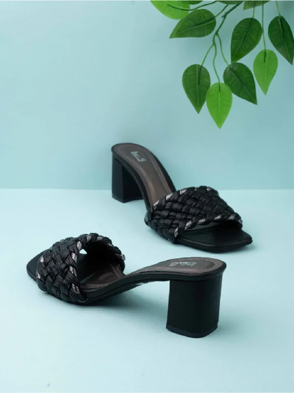 Trendy sandals for women with braided straps and comfortable footbed for casual style-Womens Black Casual Solid Square Heels