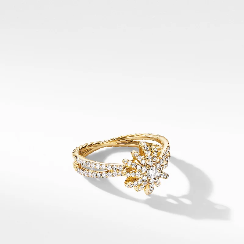 Rings with twisted rose gold band designs -Starburst Ring in 18K Yellow Gold with Pavé Diamonds, Size 6