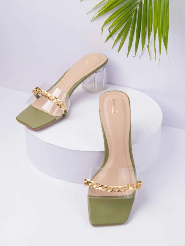 Comfortable sandals for women with wide fit options and soft cushioning for feet-Womens Green Ethnic Transparent Square Heels