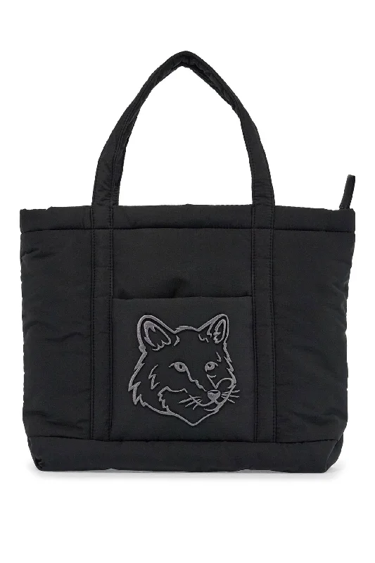 Handle bags with playful pom-poms for charm -Maison Kitsune Borsa Tote In Poliammide Nera Media Con Ricamo Volpe