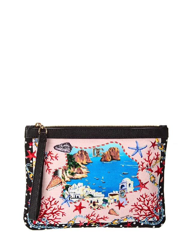 Handle bags with wide openings for access -Dolce & Gabbana Capri Printed Canvas & Leather Pouch