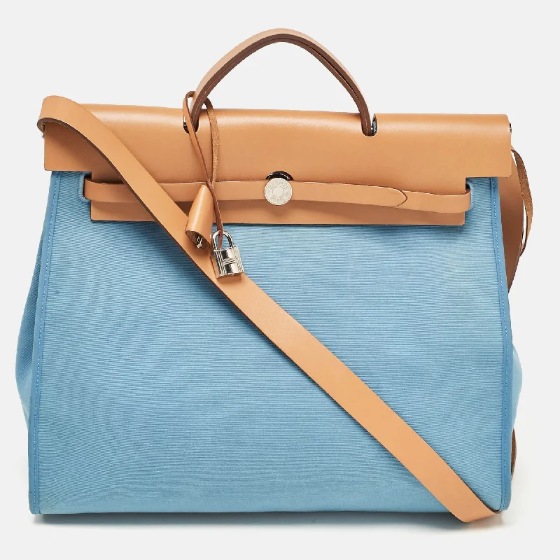 Handle bags with tie-dye patterns for fun -Hermes Bleu Azur/natural Toile And Vache Hunter Herbag Zip 39 Bag