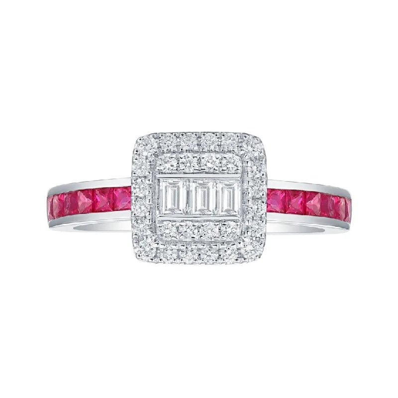 Rings with floral halo diamond arrangements -Ruby Ring (Ruby 0.59 cts. White Diamond 0.25 cts. White Diamond 0.14 cts. )