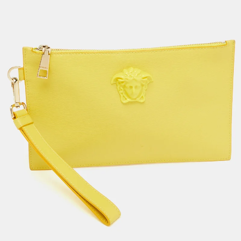 Insulated handle bags for keeping food fresh -Versace Yellow Leather La Medusa Wristlet Zip Pouch