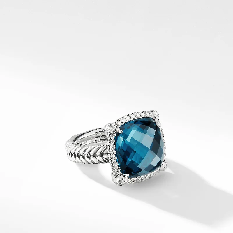 Rings with fluorite stones for rainbow shine -Châtelaine® Pavé Bezel Ring with Hampton Blue Topaz and Diamonds, 14mm, Size 6