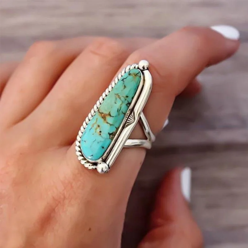 Rings with agate slices for earthy style -RETRO Geometric Drop-shaped Inlaid Turquoise Pattern Ring