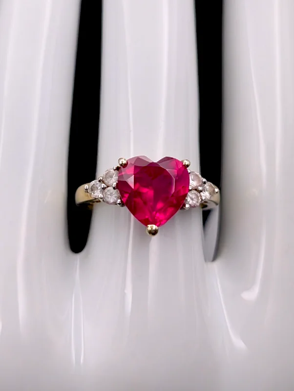 Rings with claw-set amethyst for security -Vintage Genuine Red Ruby Heart with White Sapphire 14k Yellow Gold Vermeil Ring