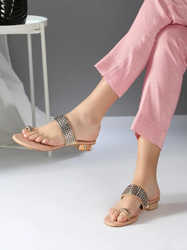 Comfortable sandals for women with contoured footbed and easy-to-adjust straps-Womens Rose Gold Ethnic Embellished Round Toe Heels