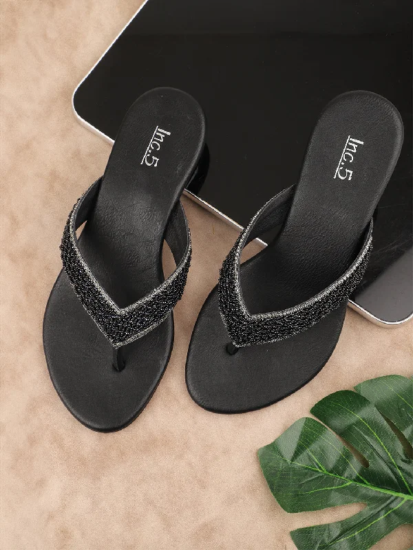 Elegant sandals for women with gold accents and high heels for luxury events-Women Black Embellished Ethnic Block Heels