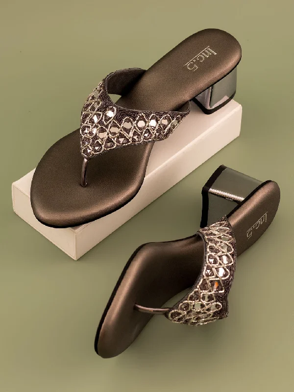 Casual sandals for women with arch support and lightweight construction-Women Pewter Embellished Ethnic Block Sandals Heels