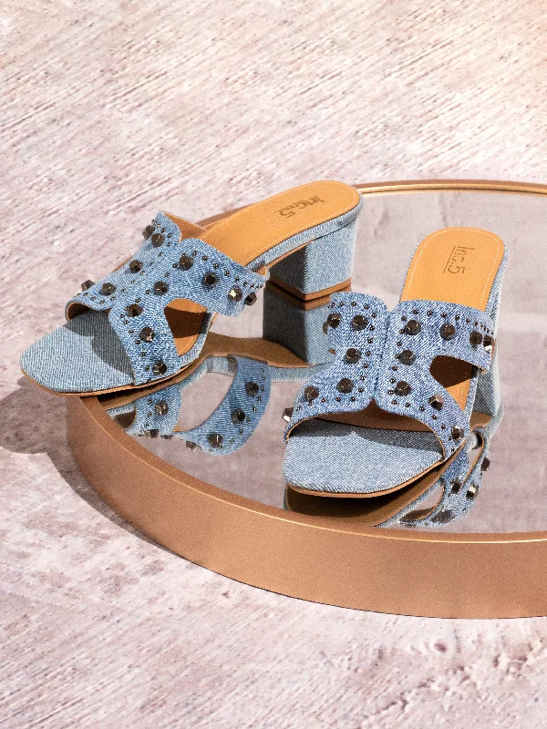 Casual sandals for women with cork footbed and supportive straps for comfort-Women Blue Denim Round Metal Studded Open Toe Block Heels