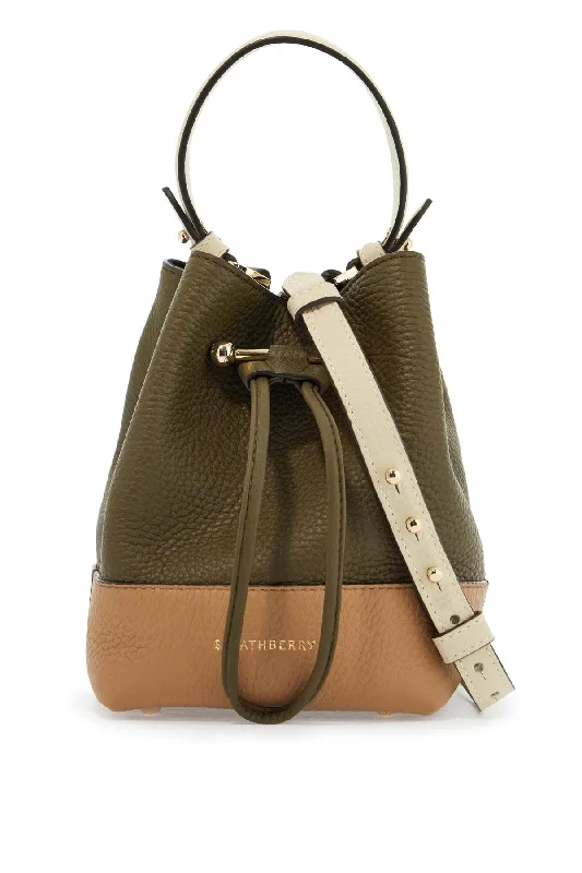 Handle bags with compact designs for portability -Strathberry Khaki And Caramel Calf Leather Bag With Drawstring Closure And Golden Finishes