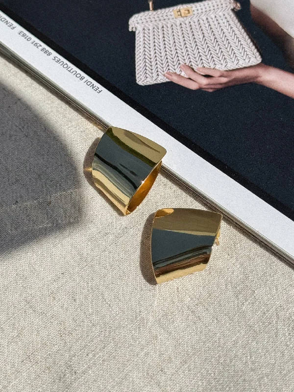 Chunky rings with hammered gold band texture -Wide Folded Earring