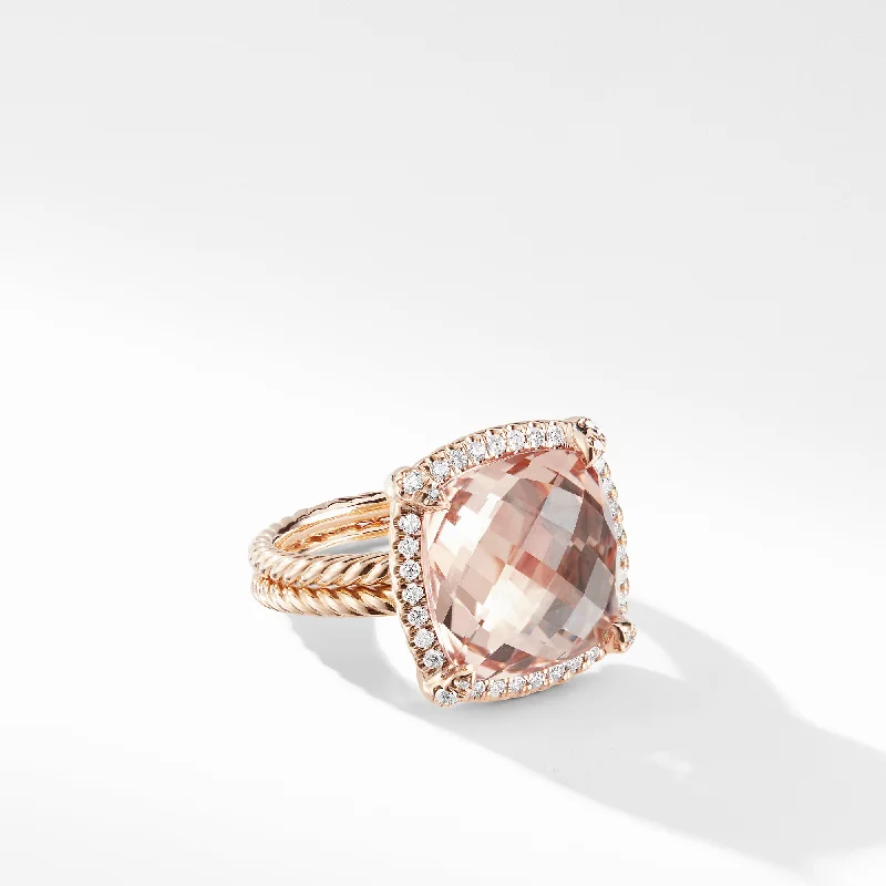 Rings with tiger eye for warm tones -Châtelaine® Pavé Bezel Ring in 18K Rose Gold with Morganite, Size 6