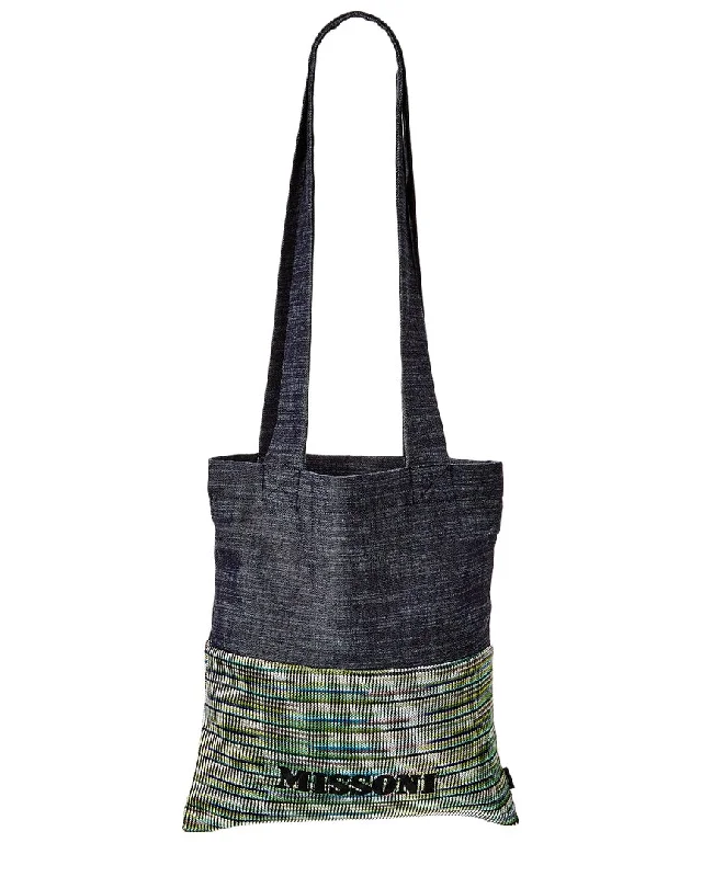 Handle bags with vintage clasps for nostalgia -Missoni Logo Denim Tote