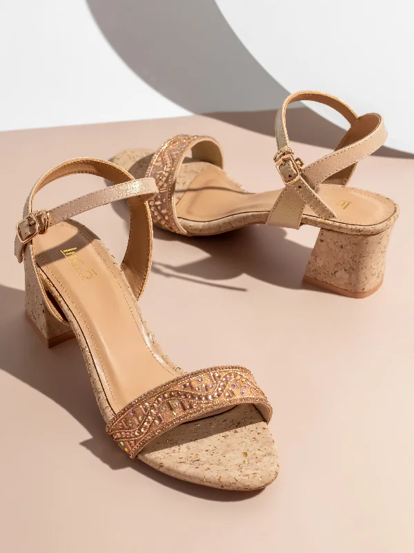 Casual sandals for women with cork footbed and crisscross strap design for style-Women Rose Gold Embellished Cork Block Heels With Backstrap