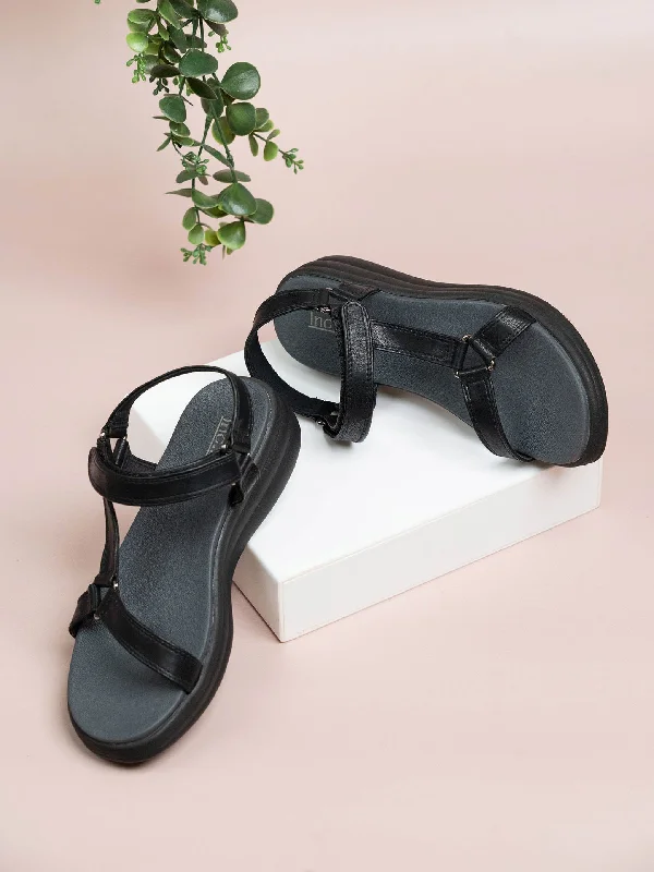 Stylish sandals for women with metallic leather straps and cushioned footbed-Women Black Open toe Comfort Heels With Velcro Closure