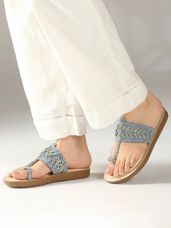 Fashionable sandals for women with animal print and chic buckle accents-Women Blue Denim And Gold-Toned One Toe Comfort Heels