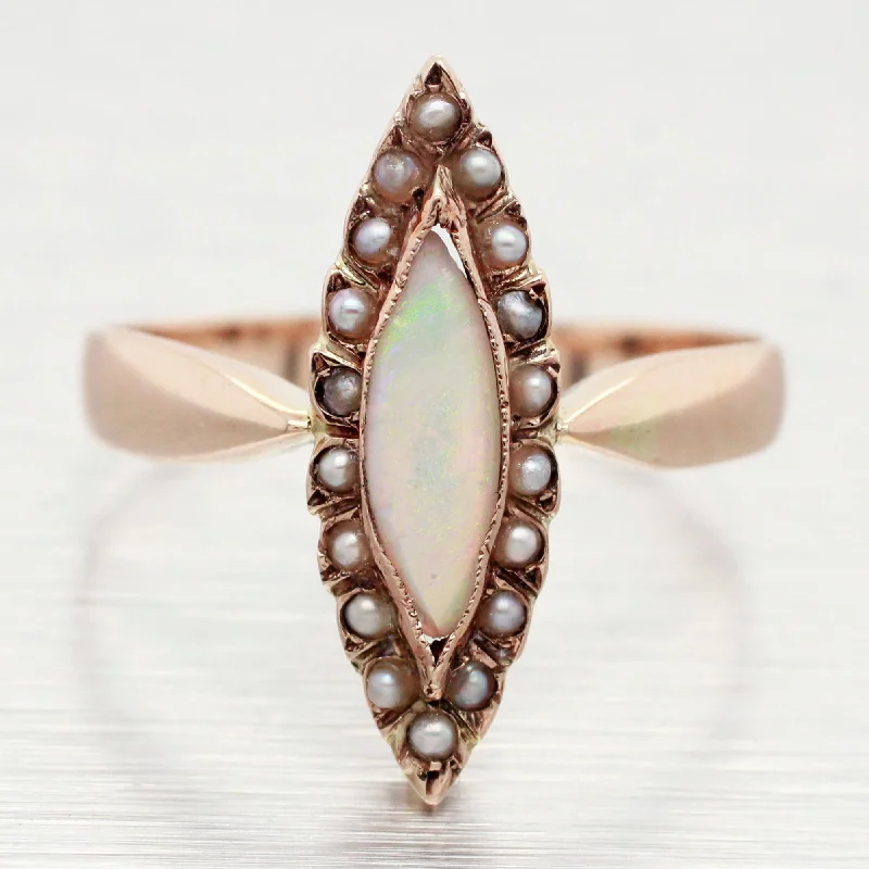 Rings with twisted rose gold band designs -Antique Art Deco Opal Marquise Cocktail Ring - 14k Yellow Gold w/ Seed Pearls