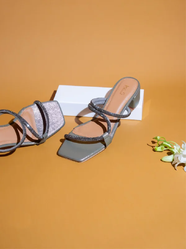 Outdoor sandals for women with cushioned footbed and adjustable straps for support-Women Pewter Embellished Block Heels