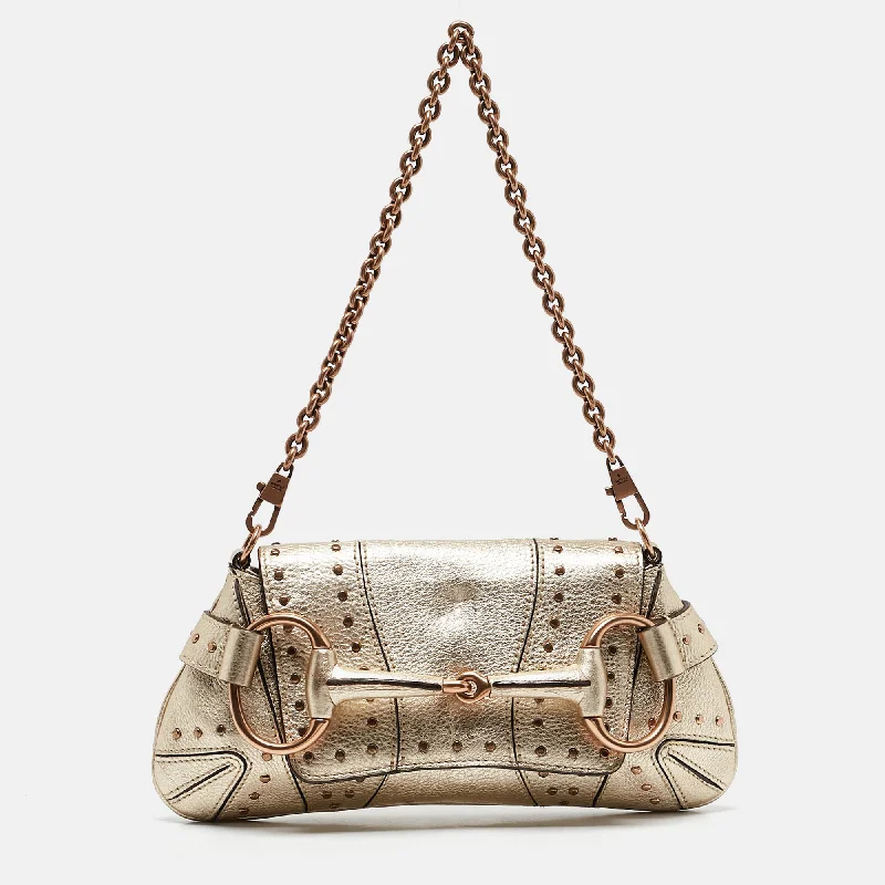 Handle bags with bright florals for cheer -Gucci Light Gold Leather Horsebit Pochette Bag