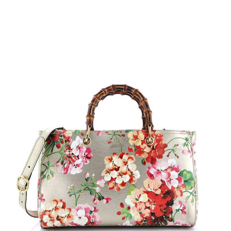 Handle bags with padded interiors for laptops -Bamboo Shopper Tote Blooms Print Leather Medium