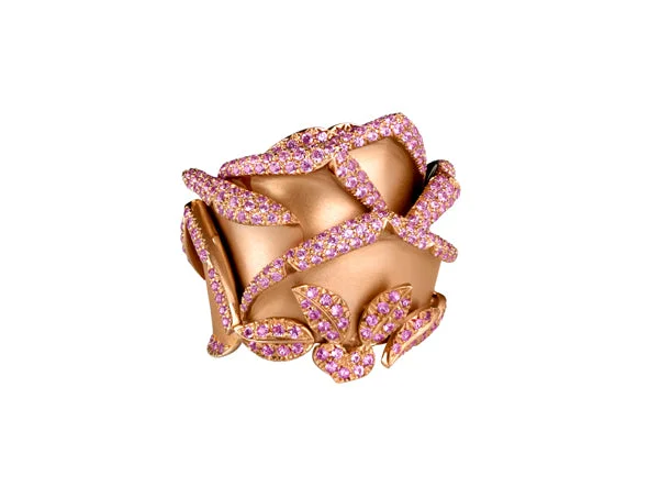 Rings with floral halo diamond arrangements -ROSE OF HOPE RING SATIN ROSE GOLD & PINK SAPPHIRES