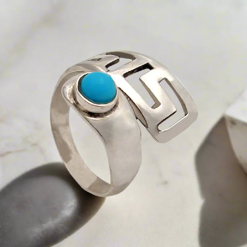 Rings with sunburst citrine for radiant appeal -Greek Key Meander Ring in Sterling Silver with turquoise (DT-65)