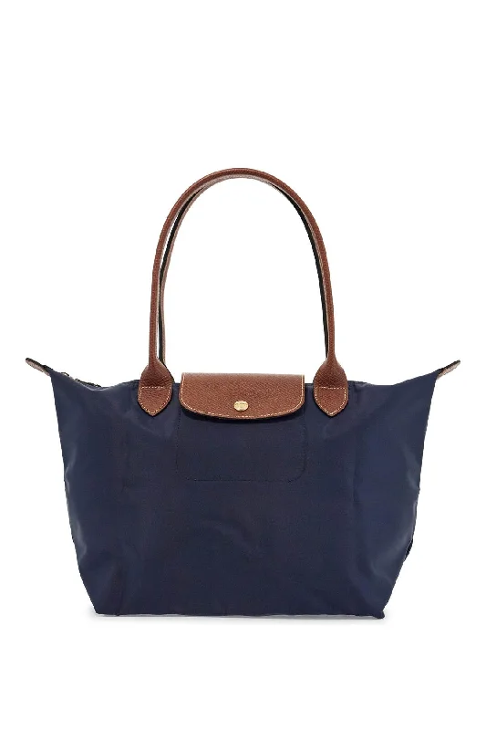 Handle bags with retro logos for charm -Longchamp Le Pliage Original Navy Blue Shoulder Bag In Nylon With Leather Handles