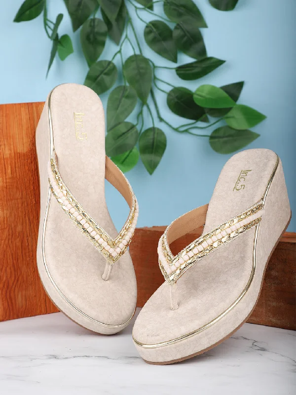 Stylish sandals for women with unique buckle details and flat design-Women Gold-Toned Embellished Wedge Heels