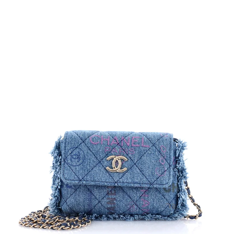 Canvas handle bags perfect for casual outings -Denim Mood Flap Clutch with Chain Logo Printed Quilted Fringe Denim