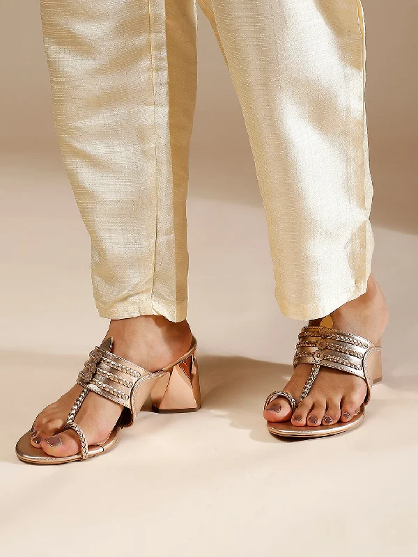 Stylish sandals for men with open-toe design and adjustable back straps for fit-Women Rose Gold Embellished One-Toe Block Heels