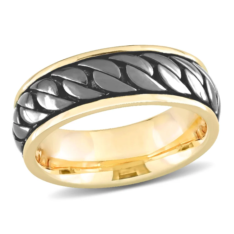 Rings with hammered silver for rustic appeal -Mimi & Max Ribbed Design Men's Ring in Yellow Plated Sterling Silver with Black Rhodium Plating