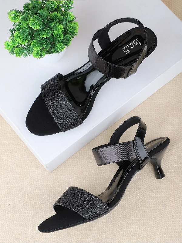 Fashionable sandals for women with animal print and chic buckle accents-Women Black Textured Embellished Kitten Heels With Backstrap