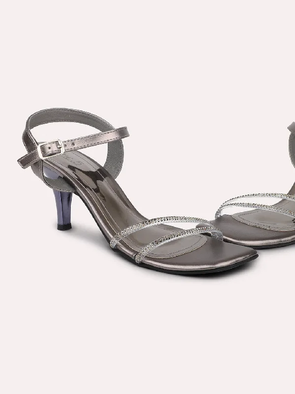 Casual sandals for women with cork footbed and supportive straps for comfort-Women Pewter Embellished Stiletto Heels