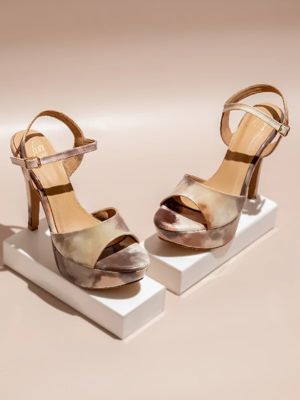 Elegant sandals for evening events with satin finish and embellished details-Women Peach Printed  Stiletto Heels with Buckles