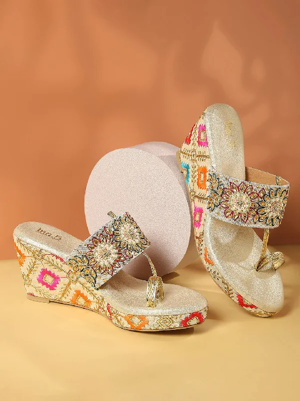 Elegant sandals for women with decorative buckle and strappy design for chic look-Women Gold Ethnic Embellished Wedges Heels