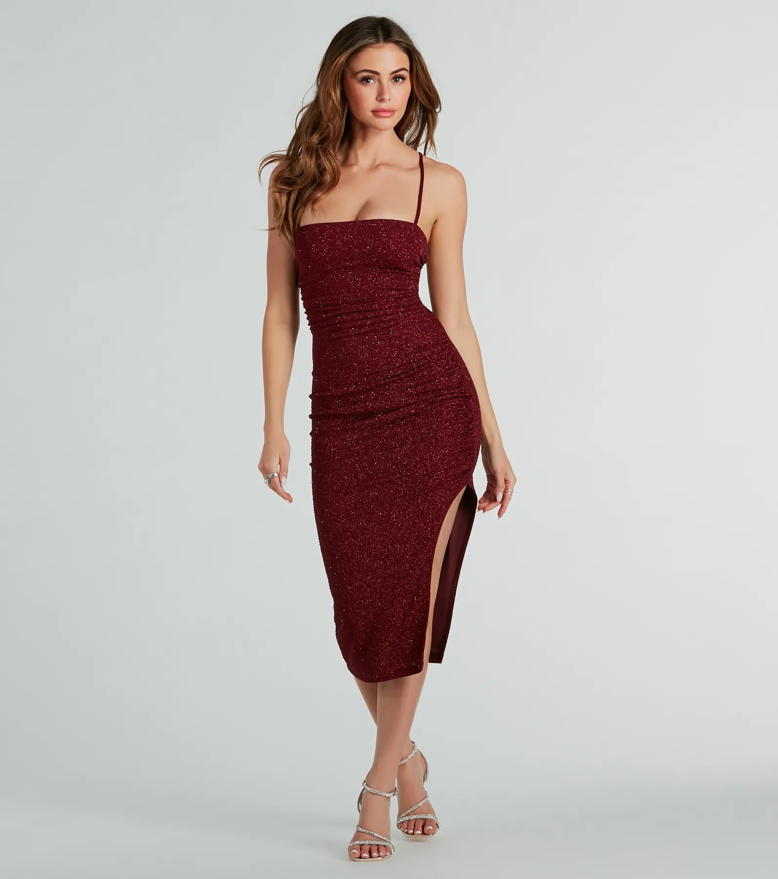 Embroidered Dresses for Detailed -Adley Formal Glitter Lace-Up Midi Dress