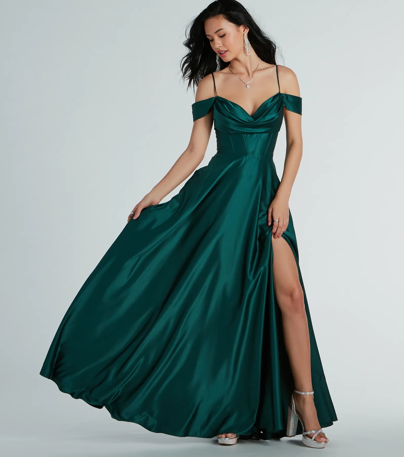 Nylon Dresses for Stretchable -Alira Cold Shoulder A-Line Satin Formal Dress