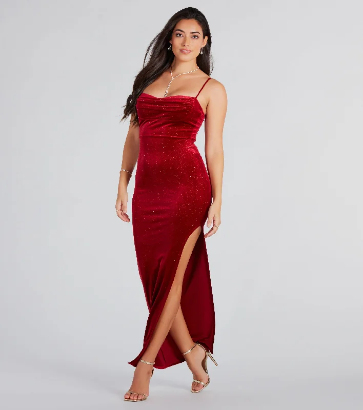 Mini Dresses for Youthful Look -Azelia Formal Glitter Velvet Slit Long Dress